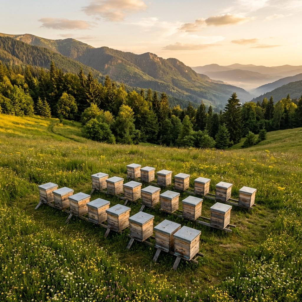 Bienen Königin Bienenstand auf Bergstation in Maramureș, Berglandschaft mit Bienenvölkern
