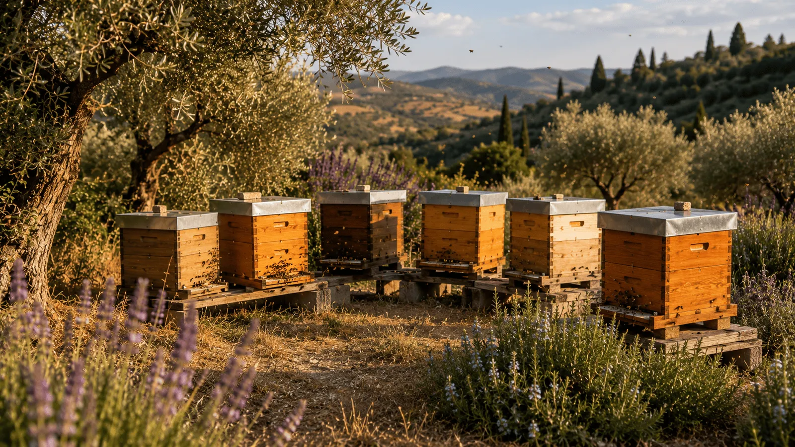 Buckfast-Bienenstand in einer warmen mediterranen Landschaft mit Olivenbäumen und Lavendel — das Klima, in dem die anhaltende Spätsommerleistung der Buckfast besonders zur Geltung kommt