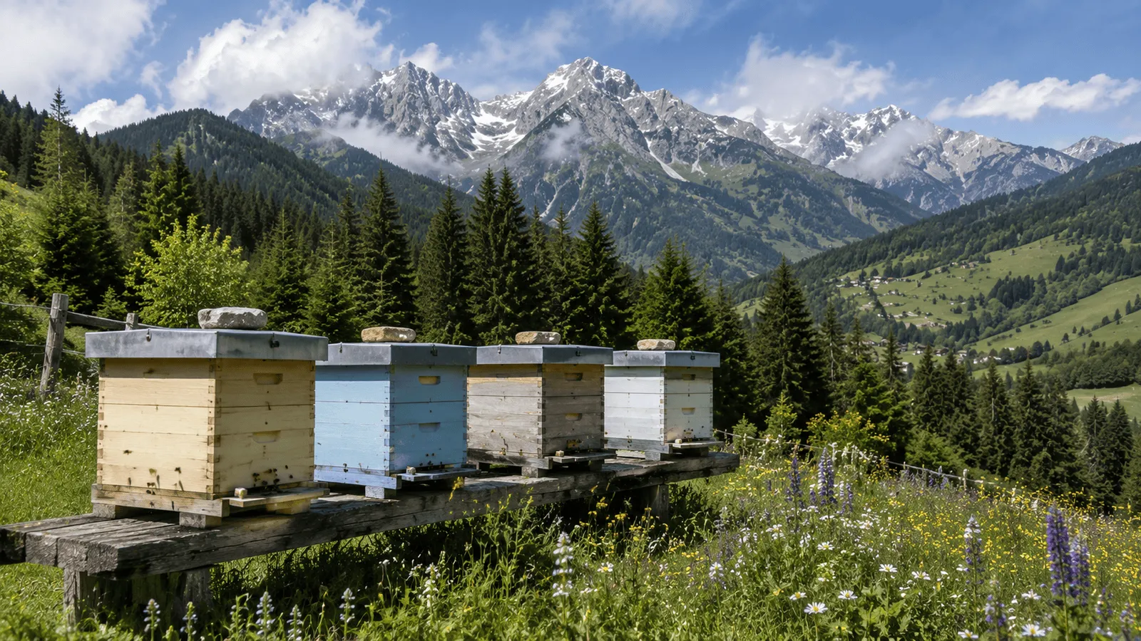 Carnica-Bienenstand auf einer Krainer Alm mit schneebedeckten Gipfeln im Hintergrund — das kalte kontinentale Bergumfeld, in dem die Carnica sich entwickelt hat