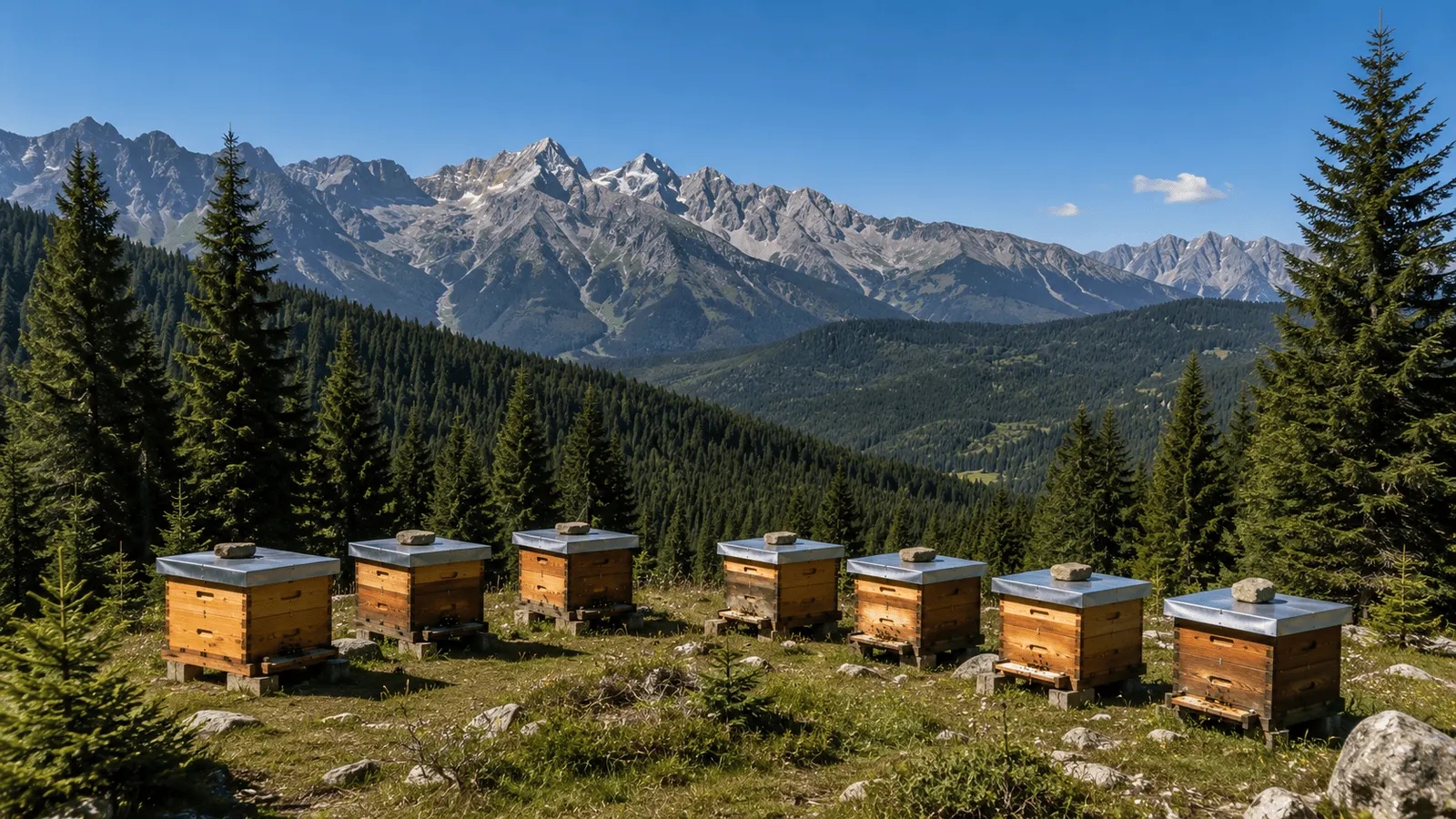 Stupi pe o pajiște alpină izolată, înconjurată de pădure de conifere și creste stâncoase