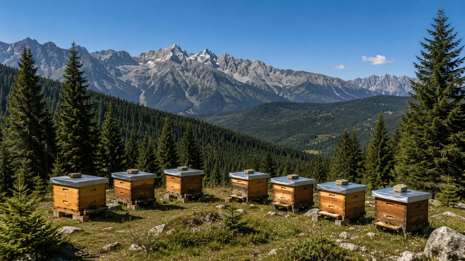 Reinbelegstelle in großer Höhe — Bienenstöcke auf einer alpinen Almwiese, umgeben von zerklüfteten Gipfeln und unberührtem Wald, ohne sichtbare menschliche Siedlungen