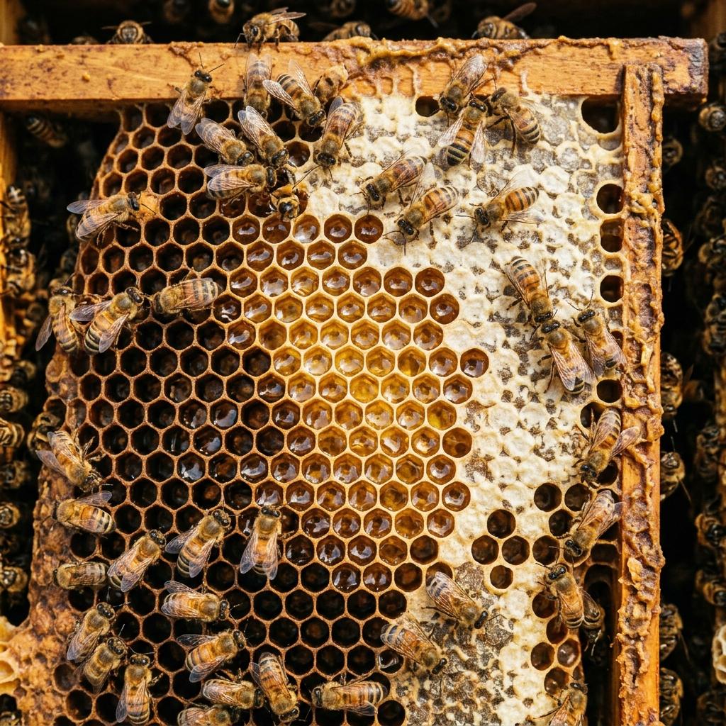 Honigwabe mit arbeitenden Bienen