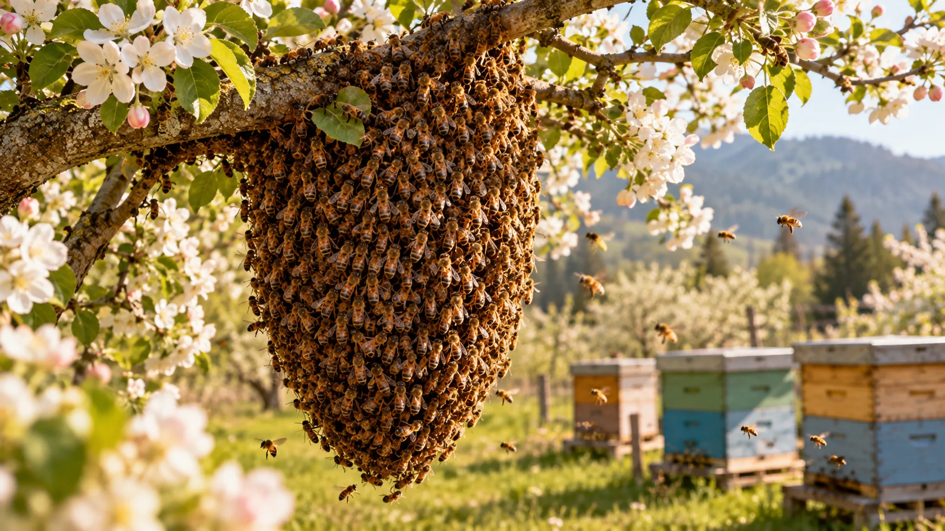 Rój pszczół zawieszony w gronie na gałęzi kwitnącej jabłoni obok pasieki