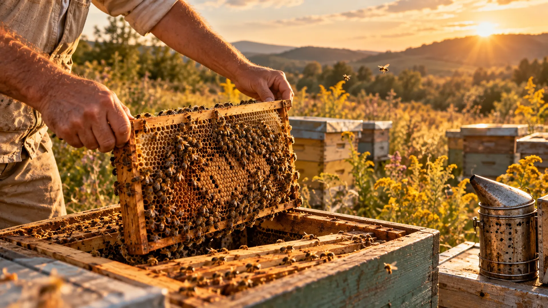 Apiculteur sortant un cadre de couvain en fin d'été, solidages en fleur au coucher du soleil