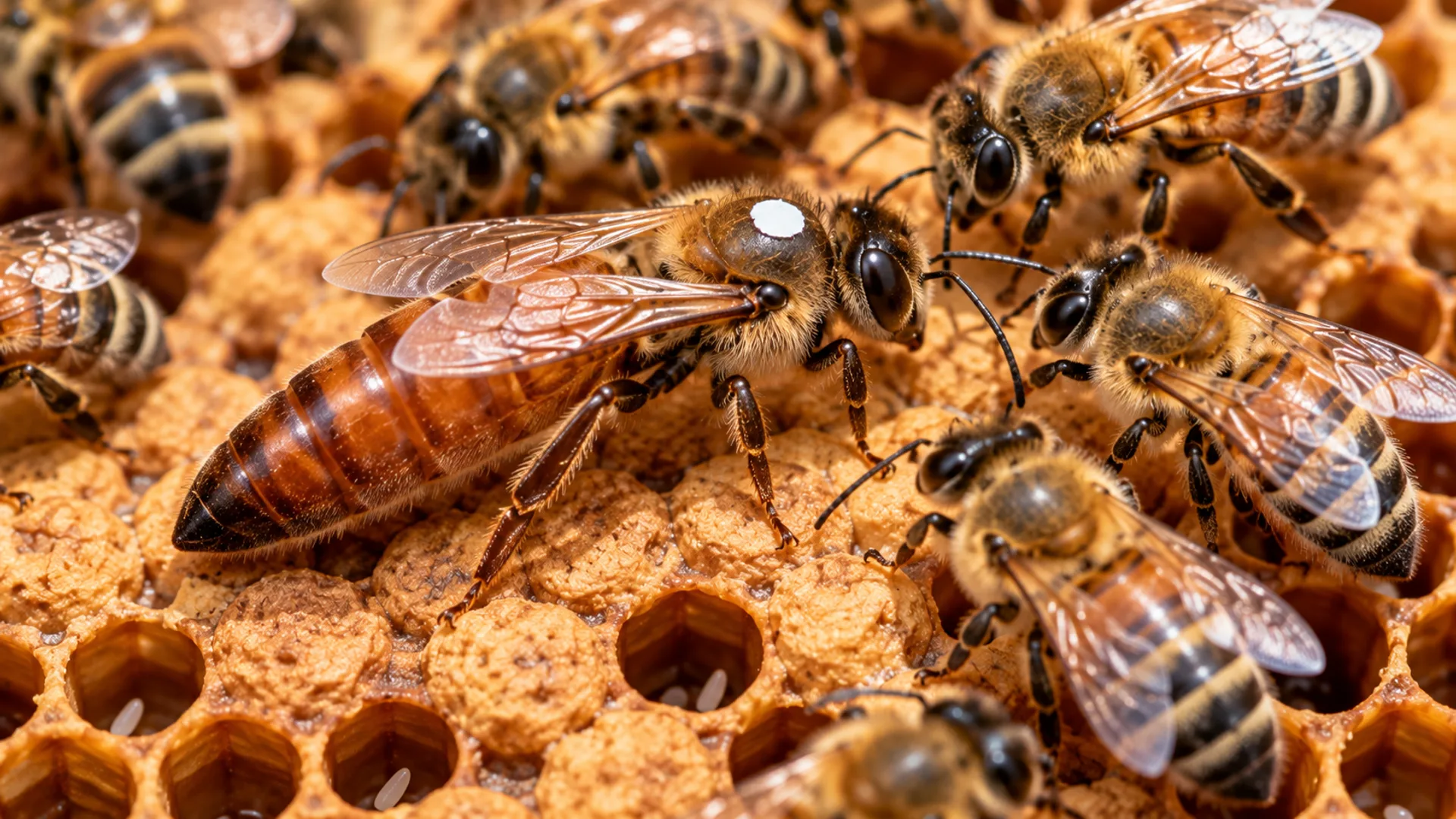 Gezeichnete Bienenkönigin mit weißem Punkt auf dem Brustteil, deutlich länger als die Arbeiterinnen, die sie mit den Fühlern berühren