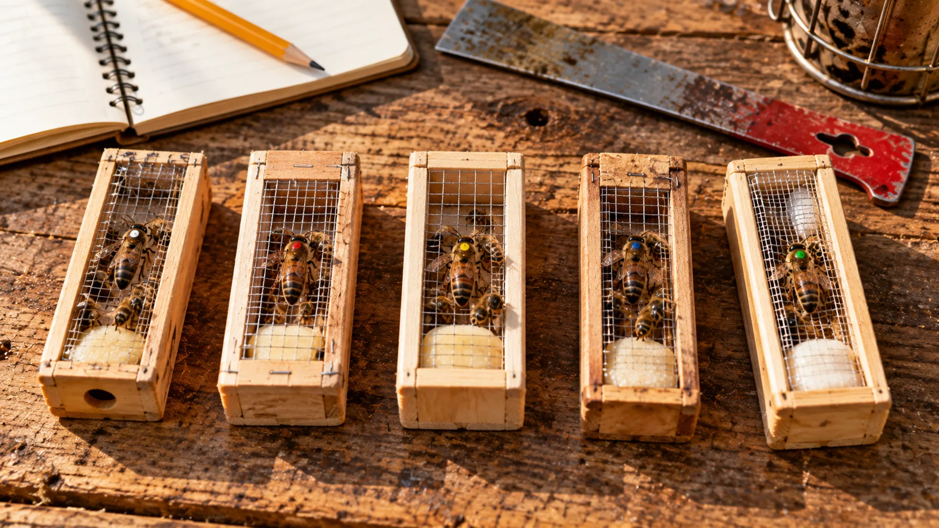Five queen cages with queens marked white, red, yellow, blue and green, the international year colours