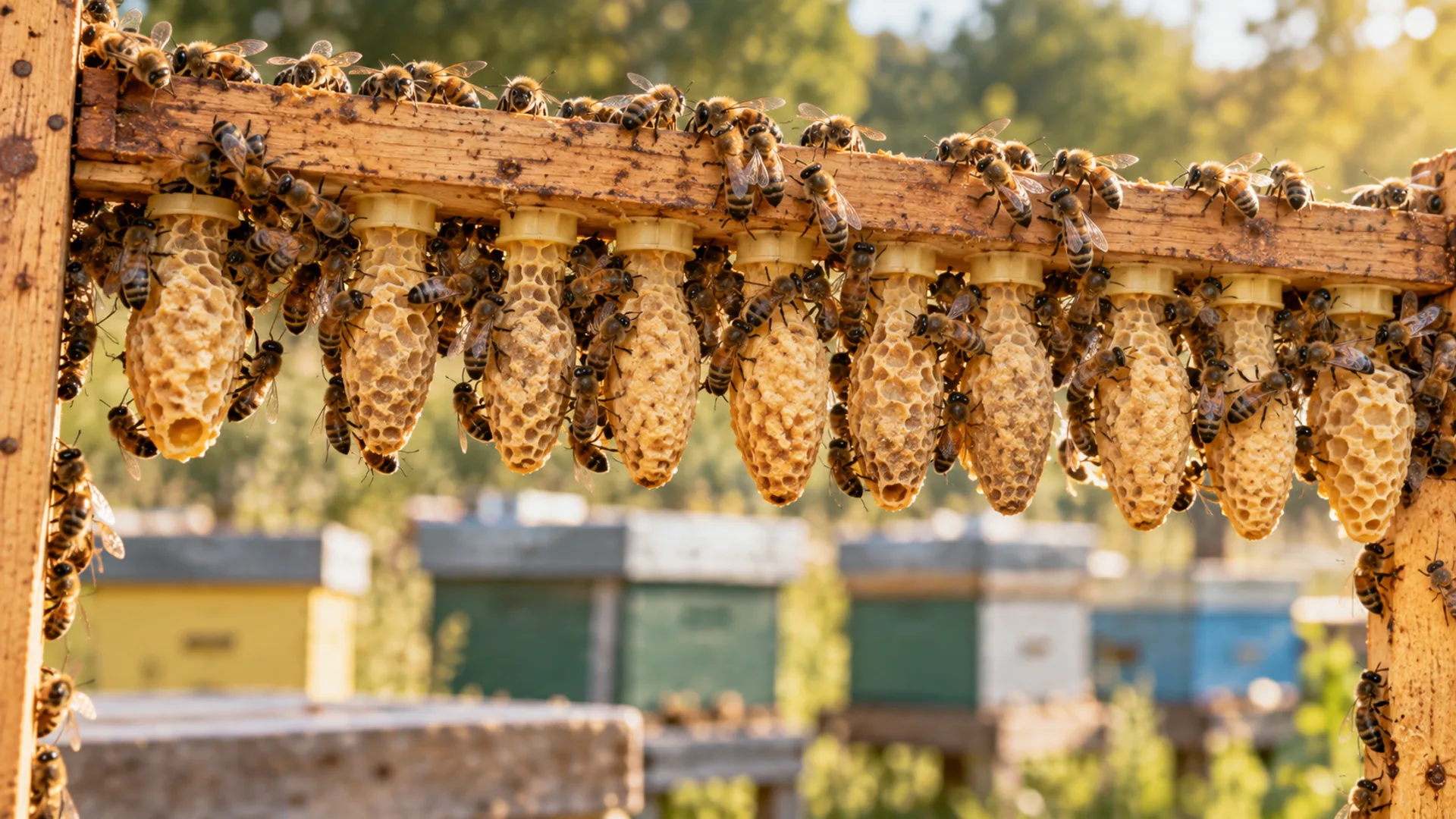 Cell bar frame with a row of capped queen cells tended by worker bees
