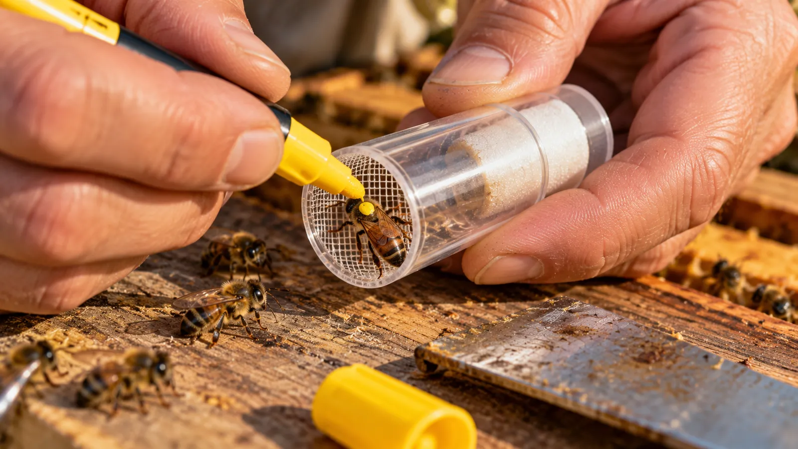 Marking a queen through the mesh of a clear marking tube with a yellow paint pen, the colour for 2027