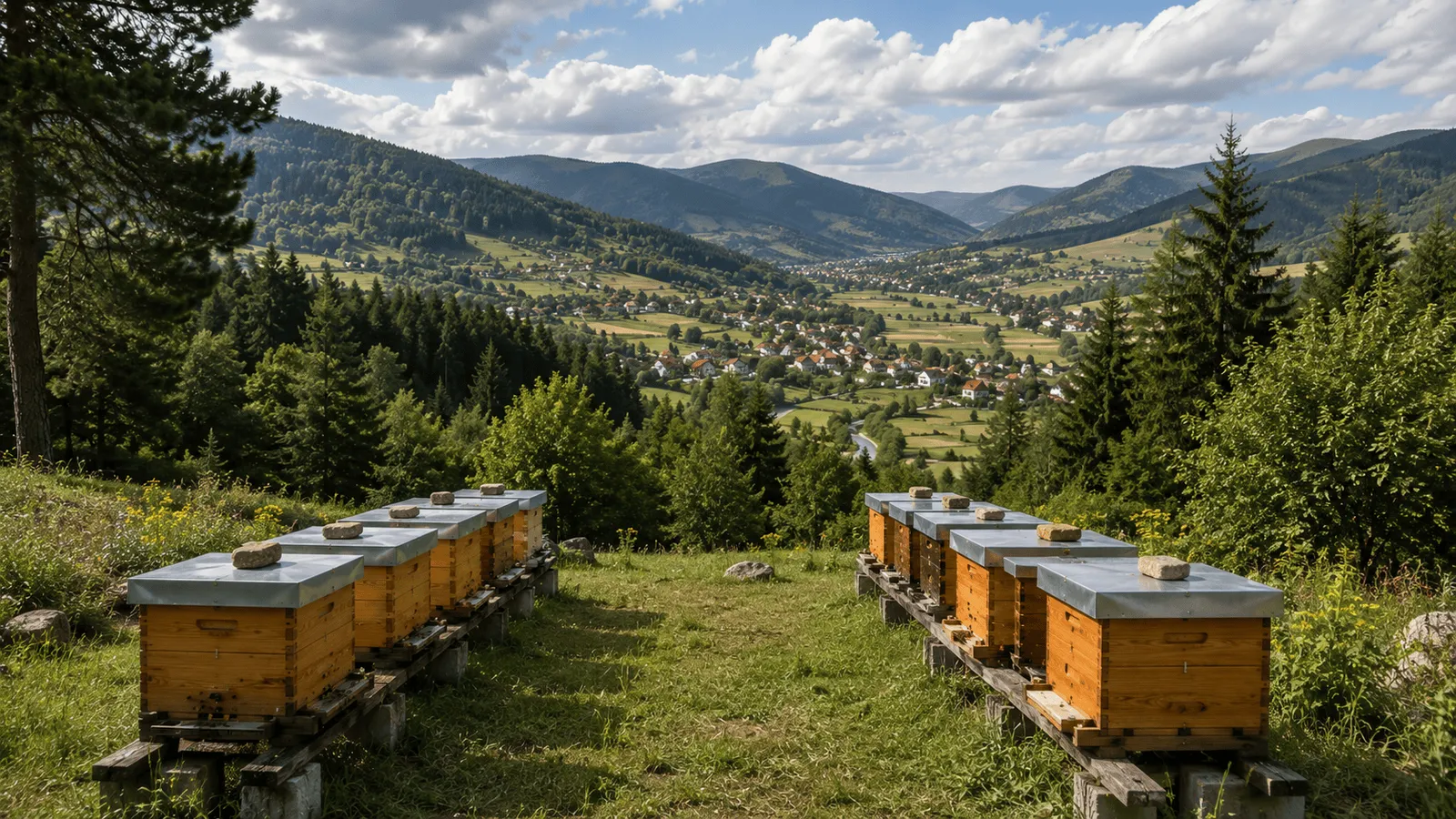 Halbisolations-Belegstelle in moderater Höhe — Bienenstöcke auf einer Bergweide mit einem kleinen Dorf im Tal, das die teilweise geografische Isolation veranschaulicht
